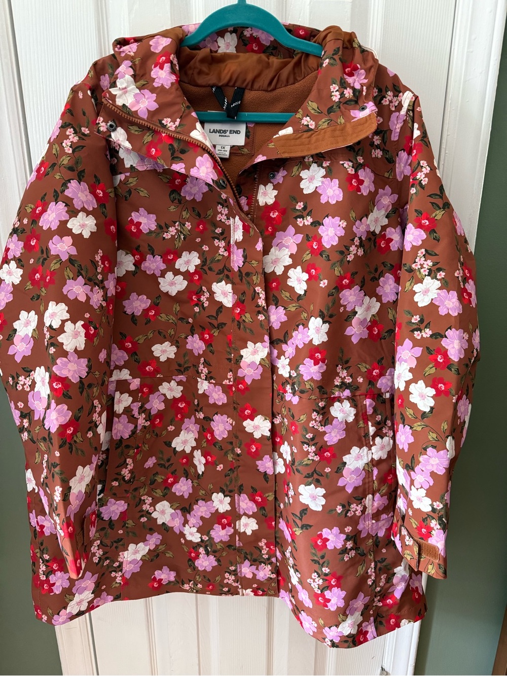 Lands' End Brown Floral Hooded Utility Jacket